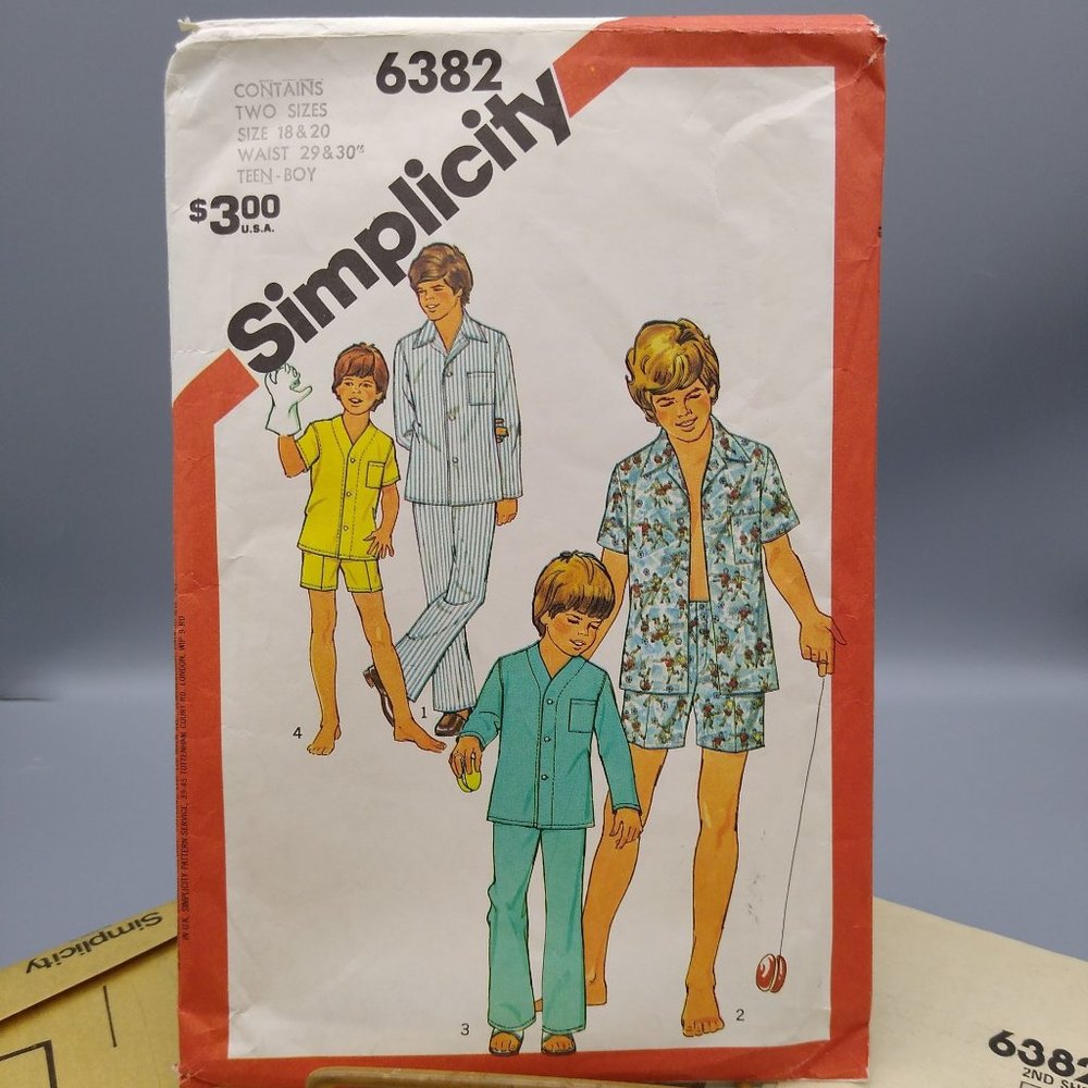 Vintage Sewing PATTERN Simplicity 6382, Teen Boy 1983 Pajamas in Two Lengths